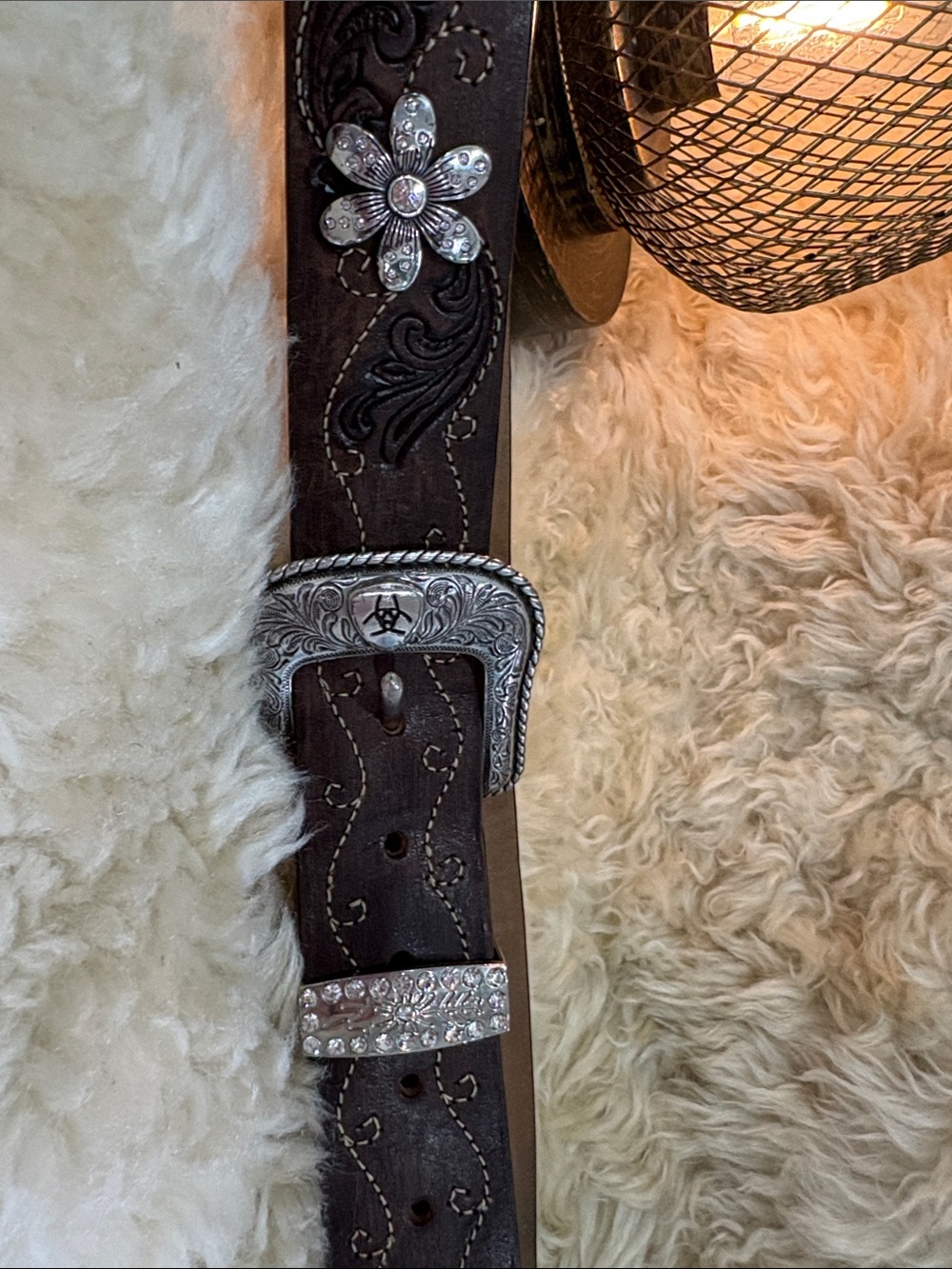 Dark Brown Tooled Leather Decorative Belt with Silver Floral Accents